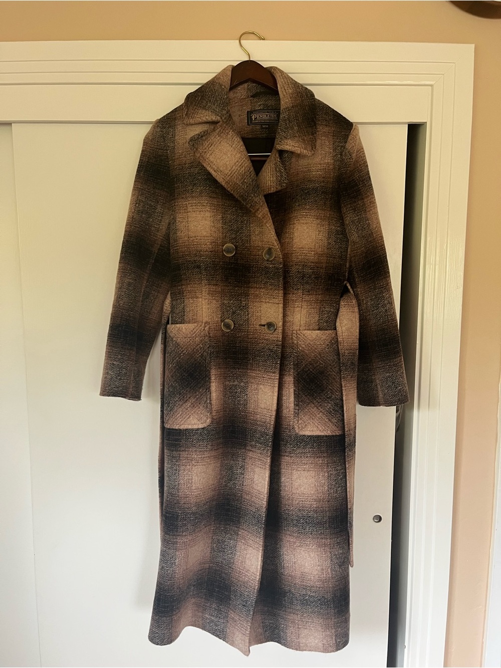 Pendleton Brown and Black Plaid Double-Breasted Long Pea Coat